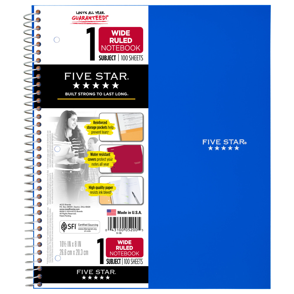 Five Star Notebook, 8in x 10 1/2in, 1 Subject, Wide Ruled, 50 Sheets, Assorted Colors (No Color Choice) MPN:05200