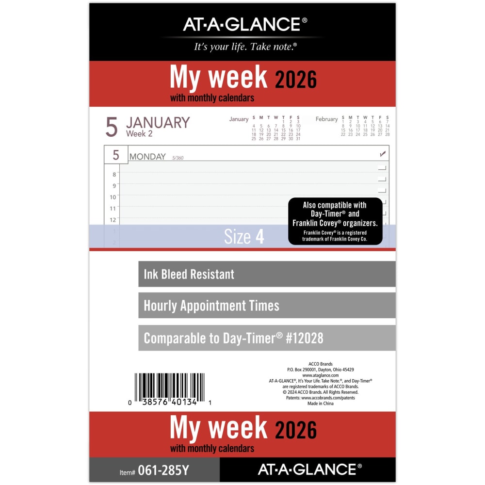 AT-A-GLANCE 2026 Weekly Planner Refill, Loose-Leaf, Desk Size, 5 1/2in x 8 1/2in MPN:061-285Y-26