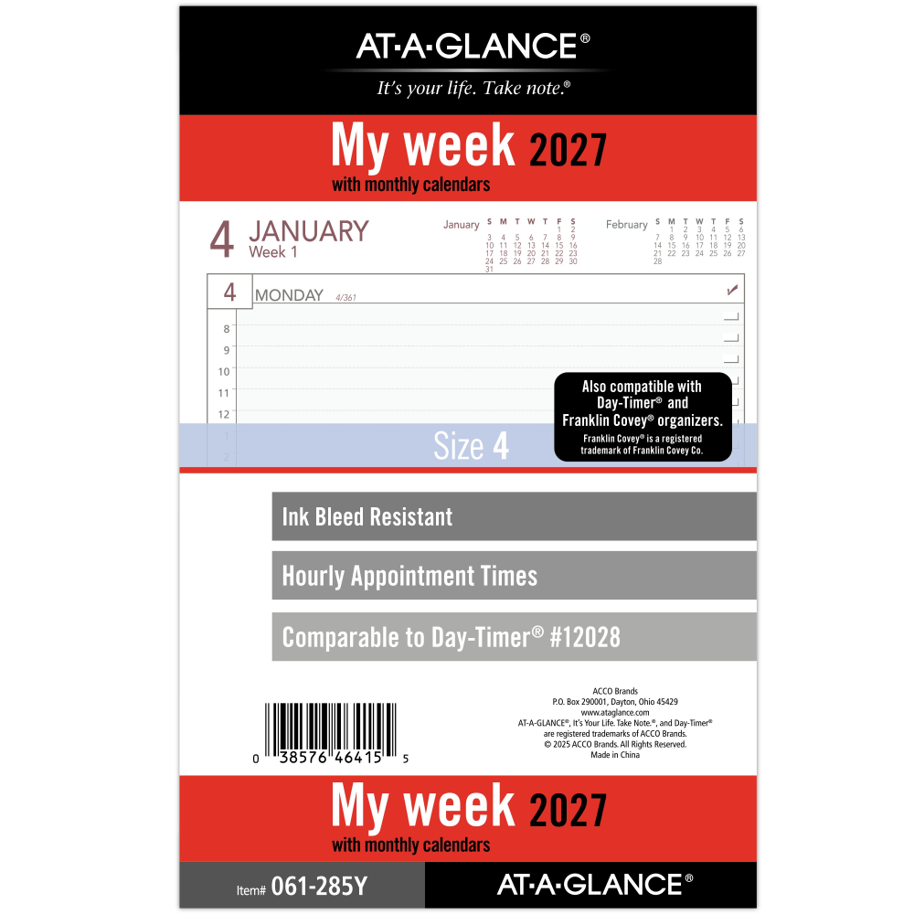 AT-A-GLANCE 2027 Weekly Planner Refill, Loose-Leaf, Desk Size, 5 1/2in x 8 1/2in MPN:061-285Y-27