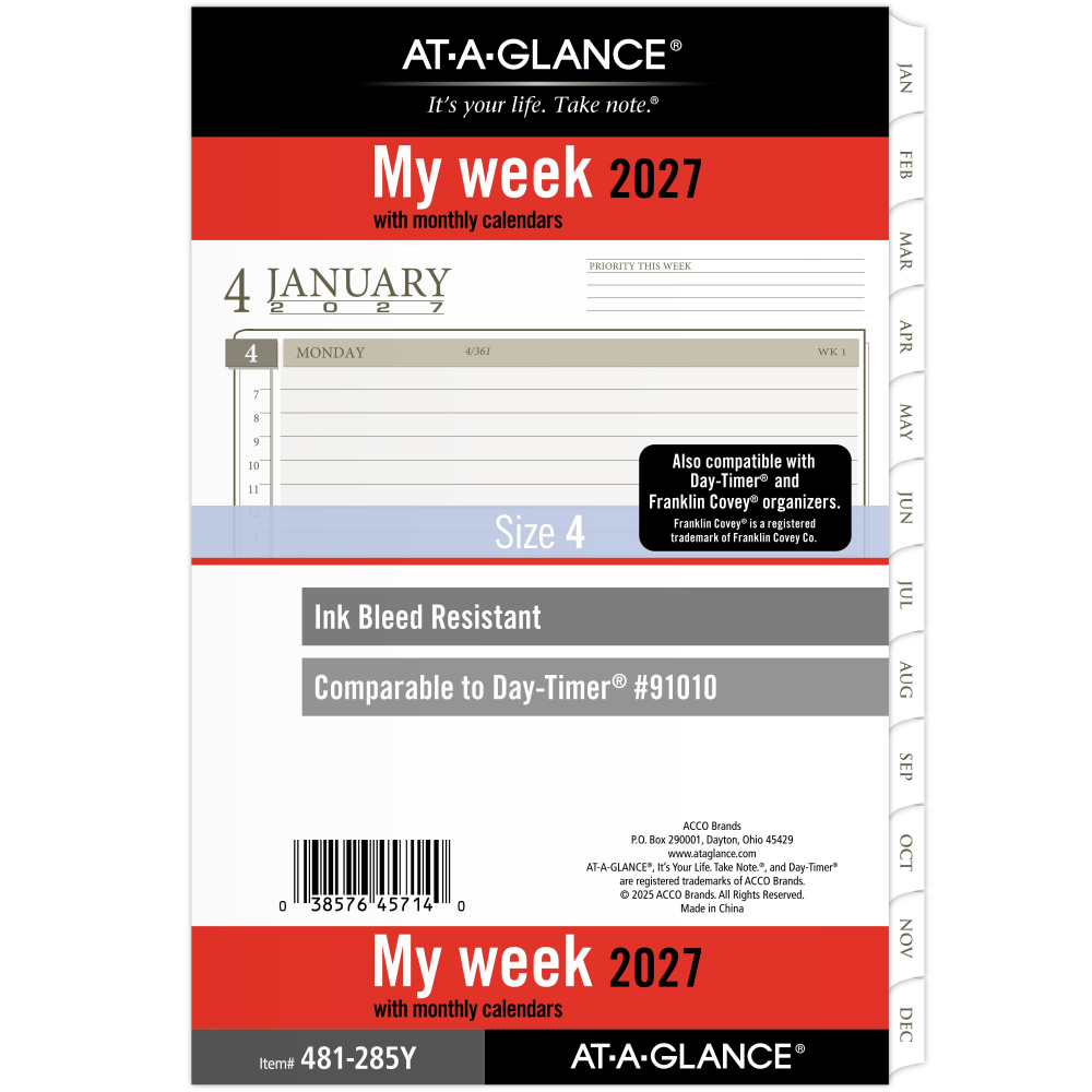 AT-A-GLANCE 2027 Weekly Monthly Planner Refill, Loose-Leaf, Desk Size, 5 1/2in x 8 1/2in MPN:481-285Y-27