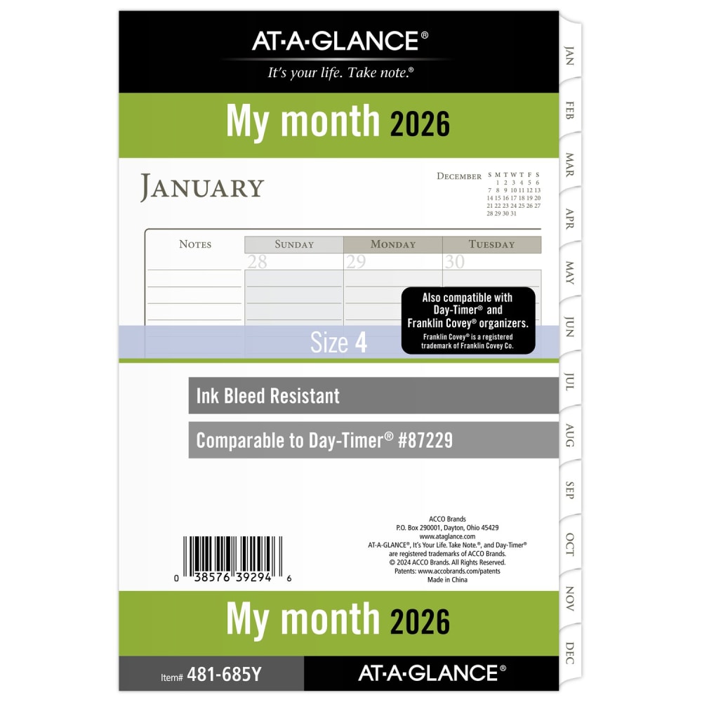 AT-A-GLANCE 2026 Monthly Planner Refill, Loose-Leaf, Desk Size, 5 1/2in x 8 1/2in, 481685Y26 MPN:481-685Y-26