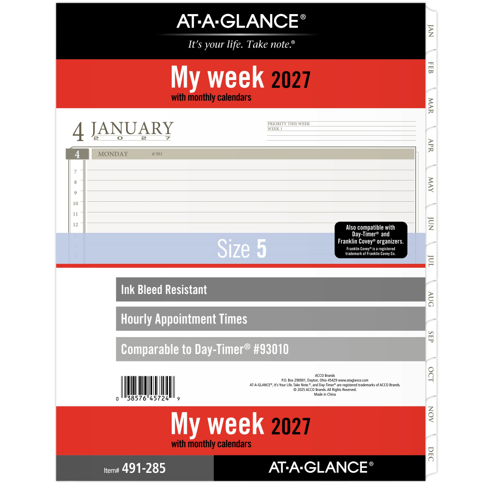 AT-A-GLANCE 2027 Weekly Planner Refill, Loose Leaf, Folio Size, 8 1/2in x 11in MPN:491-285-27