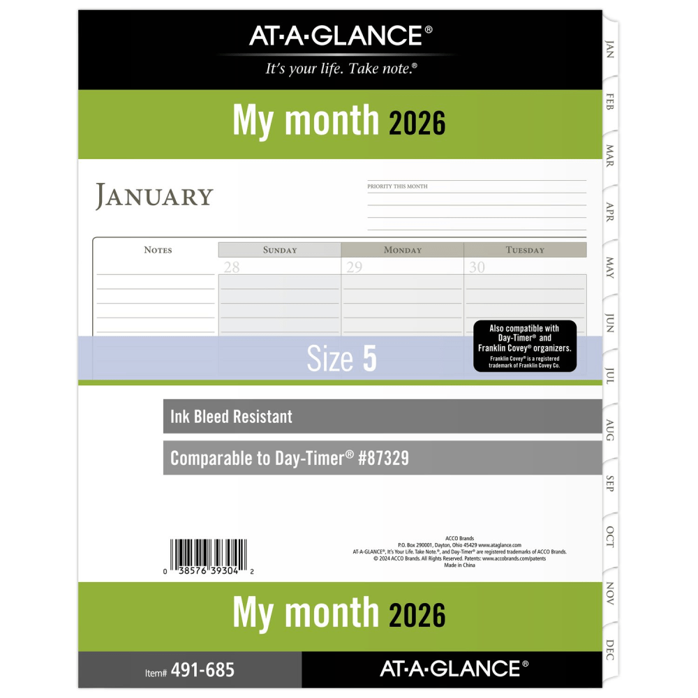 AT-A-GLANCE 2026 Monthly Planner Refill, Loose-Leaf, Folio Size, 8 1/2in x 11in MPN:491-685-26