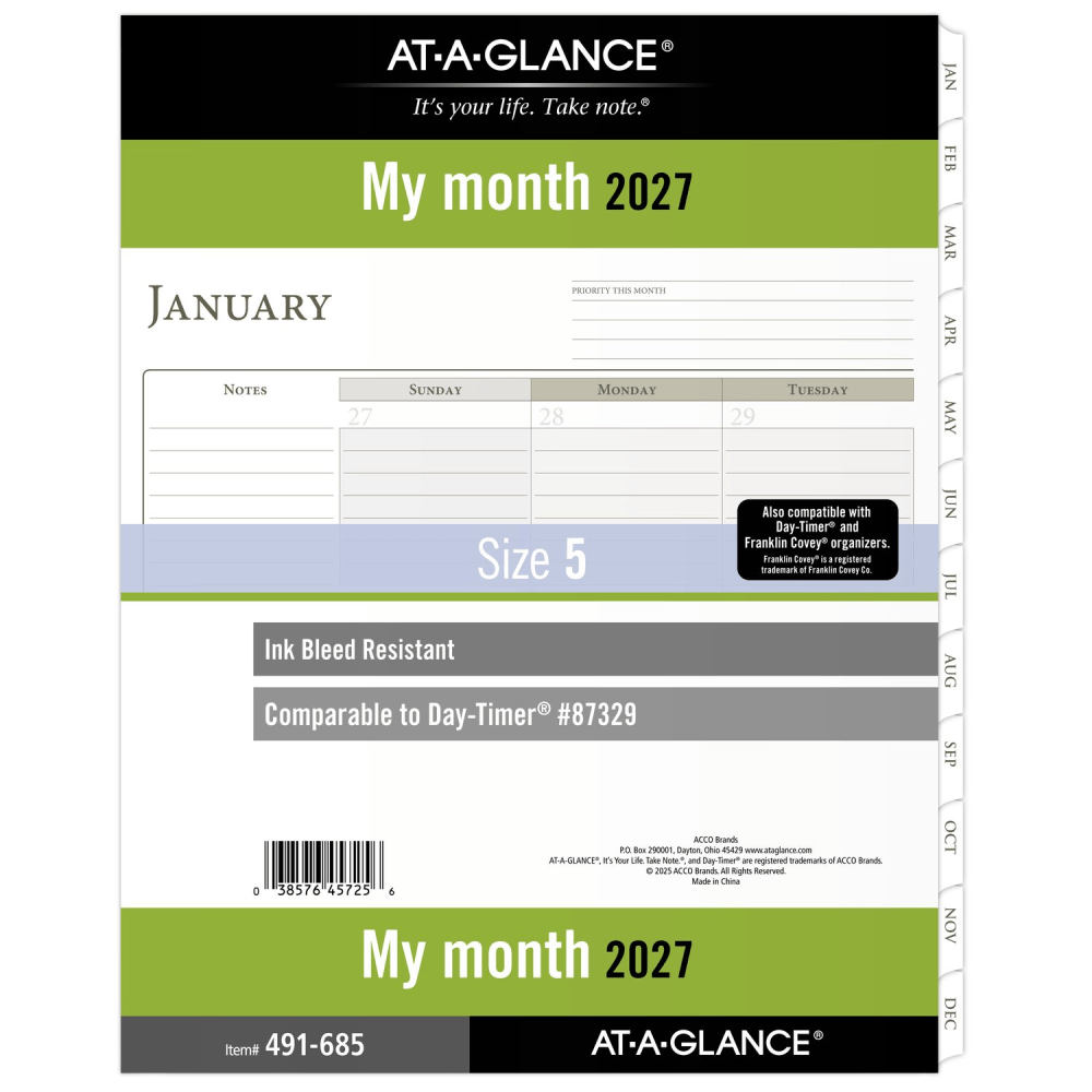 AT-A-GLANCE 2027 Monthly Planner Refill, Loose-Leaf, Folio Size, 8 1/2in x 11in MPN:491-685-27