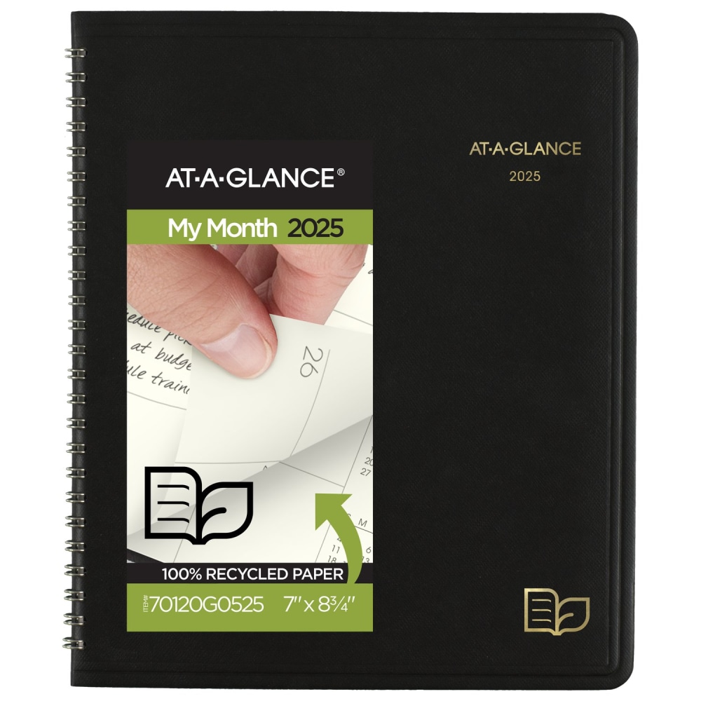 2025 AT-A-GLANCE Monthly Planner, 7in x 8-3/4in, 100% Recycled, Black, January To December, 70120G0525 MPN:70120G0525DG25