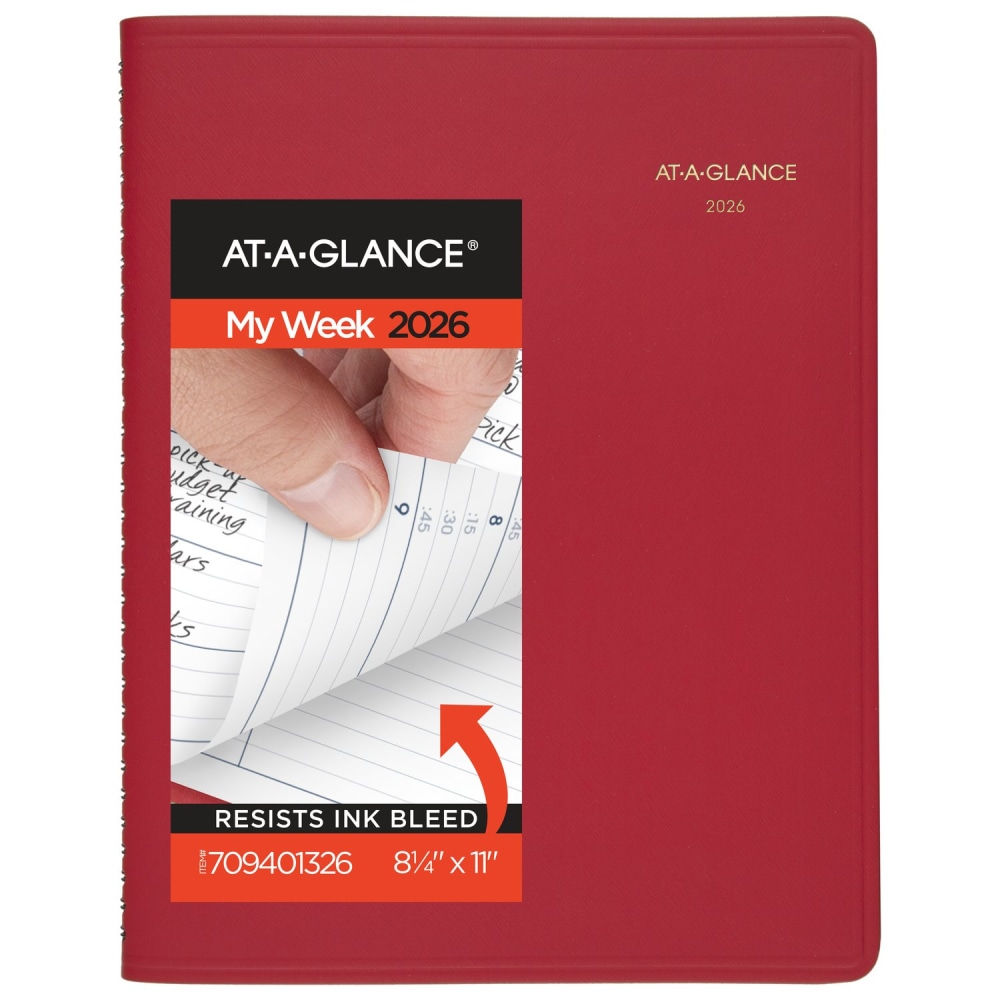 AT-A-GLANCE 2026 Weekly Appointment Book Planner, Red, Large, 8 1/4in x 11in MPN:709401326