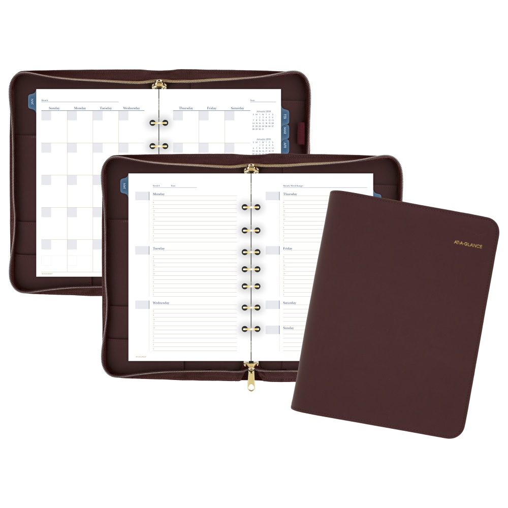 AT-A-GLANCE Weekly/Monthly Faux Leather Fashion Starter Set Planner, 5 1/2in x 8 1/2in, Merlot MPN:DR1114-040