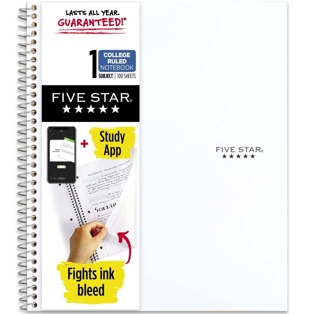Five Star Wirebound Notebook Plus Study App, 8-1/2in x 11in, 1 Subject, College Ruled, 100 Sheets, White MPN:820002B-ECM