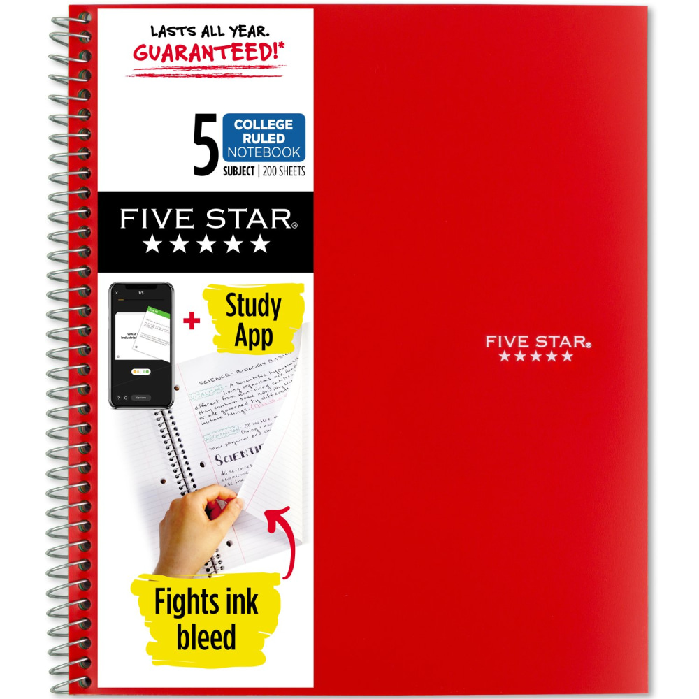 Five Star Wirebound Notebook Plus Study App, 8-1/2in x 11in, 5 Subject, College Ruled, 200 Sheets, Red MPN:820004CK1-ECM
