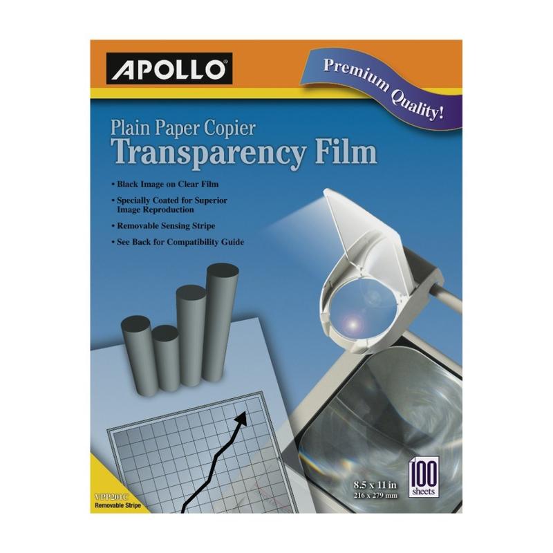 Apollo Plain Paper Copier Transparency Film, Black On Clear With Strip, Box Of 100 Sheets (Min Order Qty 2) MPN:VPP201CE