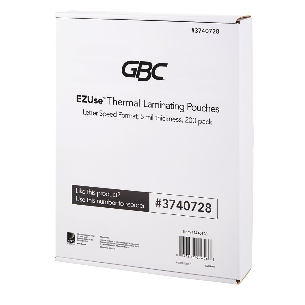 GBC EZUse Thermal Laminating Speed Pouches, 5 mils, 8 1/2in x 11in, Clear, Pack Of 200, 3740728 MPN:3740728