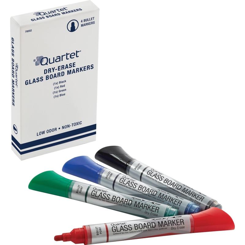 Quartet Premium Glass Board Dry-Erase Markers, Bullet Tip, Assorted Colors, 4 Pack - Bullet Marker Point Style - Black, Blue, Red, Green - 4 / Pack MPN:79552