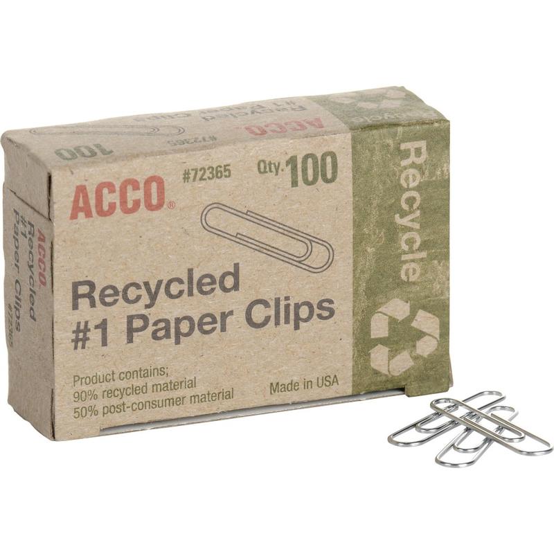 ACCO Paper Clips, 1000 Total, Silver, Recycled, 100 Per Box, Pack Of 10 Boxes MPN:72365PK