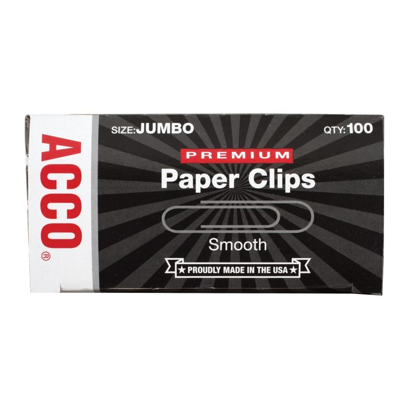 ACCO Premium Paper Clips, 1000 Total, Jumbo, Silver, 100 Per Box, Pack Of 10 Boxes MPN:72500