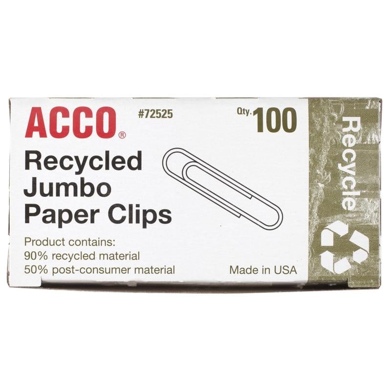 ACCO Paper Clips, Box Of 100, Jumbo, 90% Recycled, Silver MPN:72525