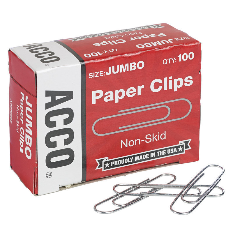 ACCO Economy Non-Skid Paper Clips, 1000 Total, Jumbo, Silver, 100 Per Box, Pack Of 10 Boxes MPN:72585
