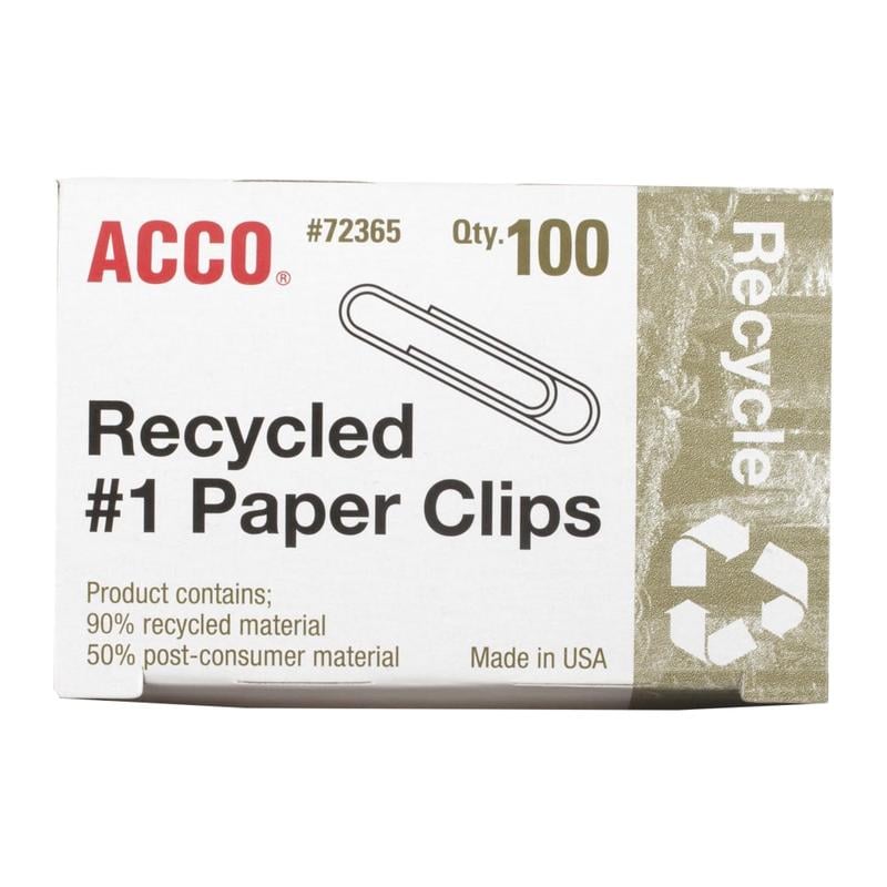 ACCO Paper Clips, Box Of 100, No. 1, 90% Recycled, Silver MPN:A7072365