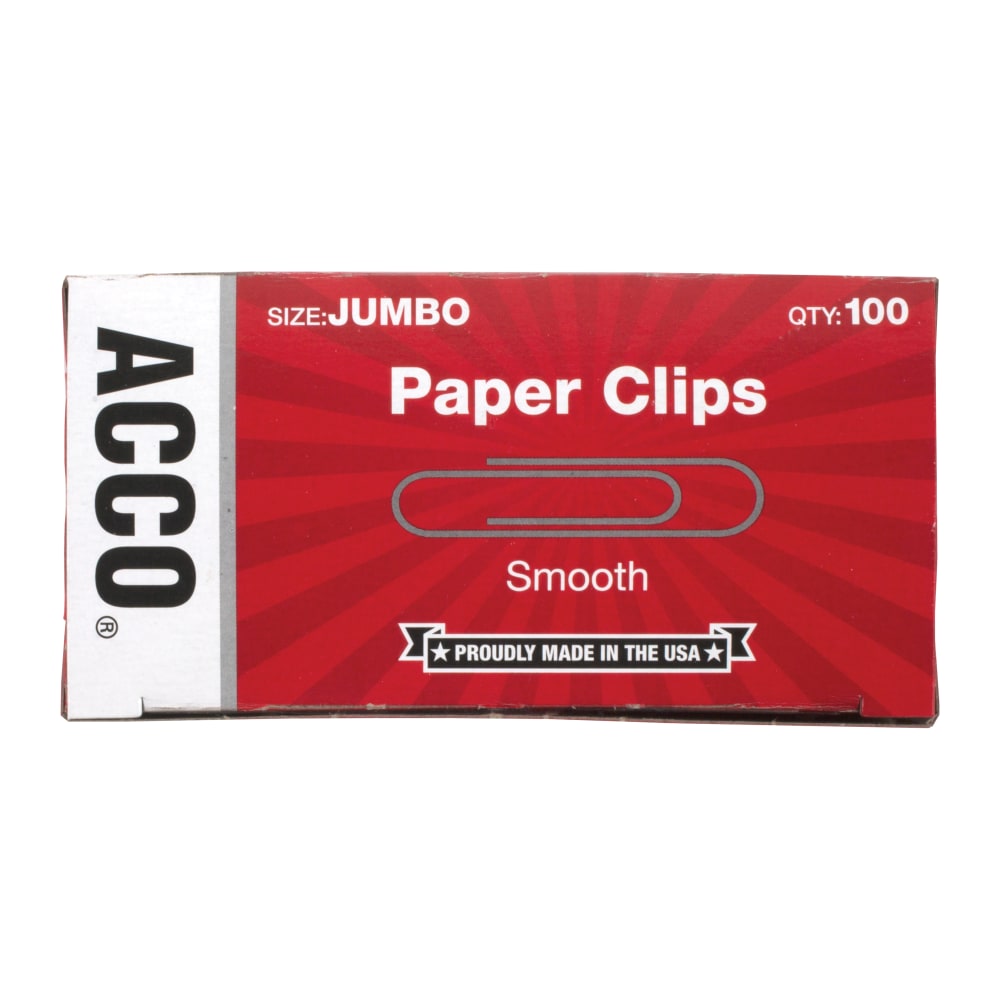ACCO Economy Smooth Paper Clips, 1000 Total, Jumbo, Silver, 100 Per Box, Pack Of 10 Boxes (Min Order Qty 4) MPN:A7072580