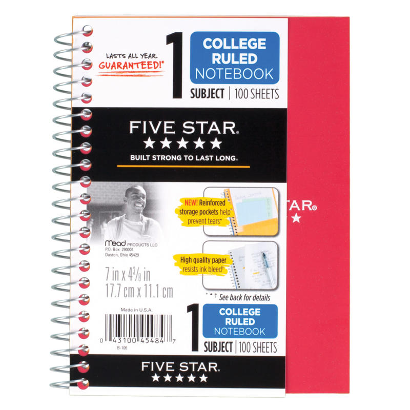Five Star Notebook, 5in x 7in, 1 Subject, College Ruled, 100 Sheets, Assorted Colors (No Choice) (Min Order Qty 12) MPN:45484