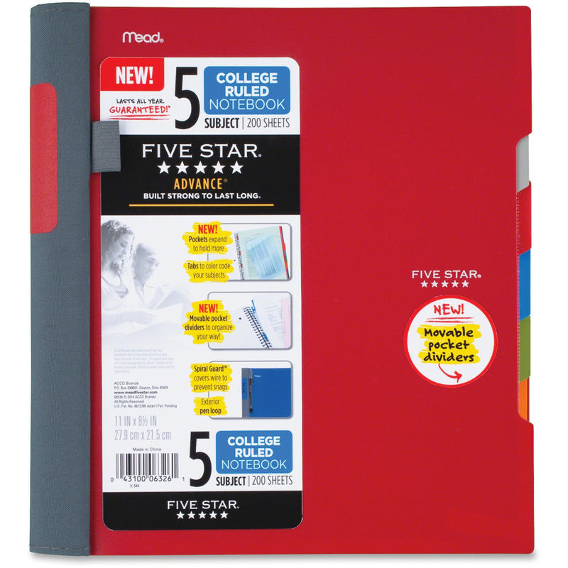 Five Star Advance Wirebound Notebook, 8-1/2in x 11-3/4in, 5 Subject, College Ruled, 200 Pages (100 Sheets), Assorted Colors (Min Order Qty 4) MPN:06326