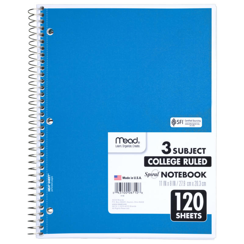 Mead Wirebound Notebook, 8 1/2in x 11in, 3 Subject, College Ruled, 120 Sheets, Assorted Colors (Min Order Qty 9) MPN:06710