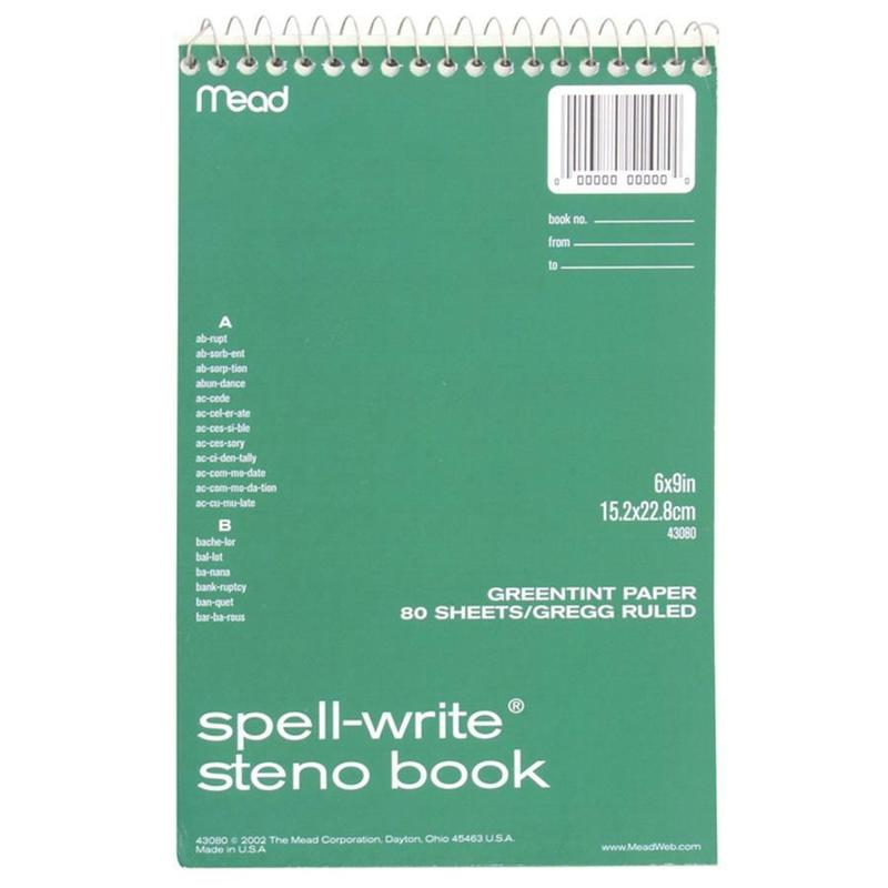 Mead Spell-Write Steno Book - 80 Sheets - Wire Bound - 6in x 9in - Green Paper - Cardboard Cover - 1 Each (Min Order Qty 28) MPN:43080