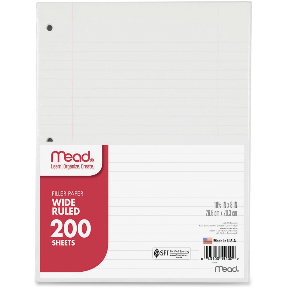 Mead Notebook Filler Paper, Wide-Ruled, 8in x 10 1/2in, 3-Hole Punched, White, Pack Of 200 Sheets (Min Order Qty 9) MPN:14802