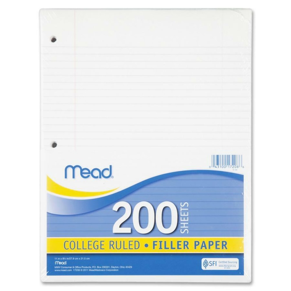 Mead Notebook Filler Paper - Letter - 200 Sheets - Spiral - 0.31in Ruled - Ruled Red Margin - 16 lb Basis Weight - Letter - 8 1/2in x 11in - White Paper - 200 / Pack (Min Order Qty 7) MPN:17208