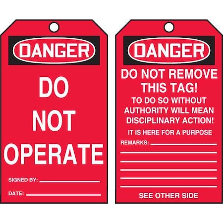 Danger Tag By The Roll, Cardstock, 6 1/4 in H x 3 in W, 100 PK MPN:TAR106