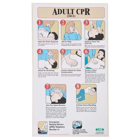 First Aid Poster, Adult CPR (2011), 19 1/2 in H x, 11 in W, Plastic MPN:197717