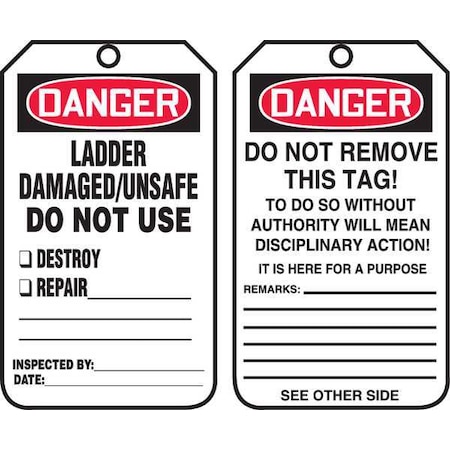Tag, Danger, Cardstock, 5 3/4 in H x 3 1/4 in W, White, Rectangle, 25 PK MPN:MDT182CTP
