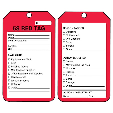 Tag, 5S Red Tag, Cardstock, 5 3/4 in H x 3 1/4 in W, Red, Rectangle, 25 PK MPN:MMT105CTP