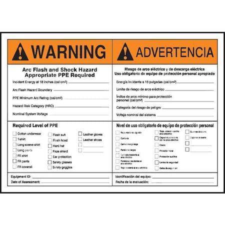 Arc Flash Label, 7 in Height, 10 in Width, Vinyl, Vertical Rectangle, English, Spanish MPN:SBLELC336