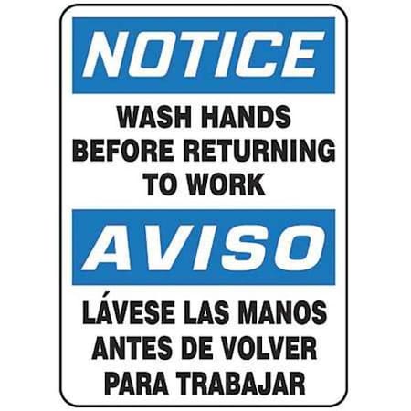 Notice/Aviso, Wash Hands Before Returning To Work, Spanish-Bilingual Sign, SBMRST813VP MPN:SBMRST813VP