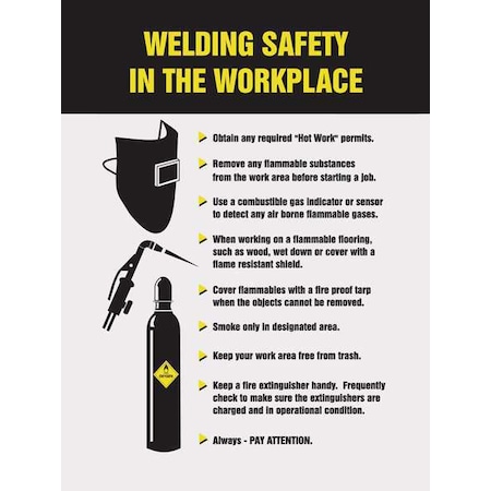 Poster, Welding Safety In The Work Place, 22 in H x, 17 in W, Plastic MPN:SP124484L