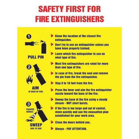 Poster, Safety First For Fire Extinguishers, 22 in H x, 17 in W, Plastic MPN:SP124488L