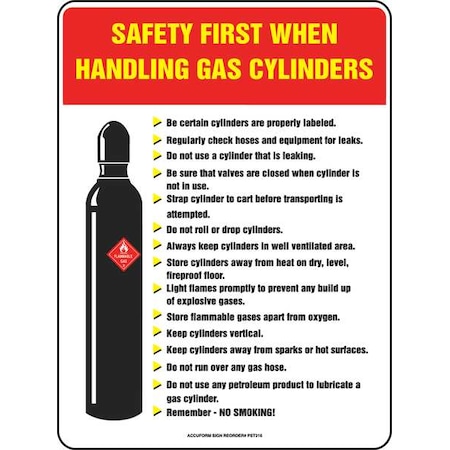 Safety Poster, Safety First When Handling Gas Cylinders, 22 in H x, 17 in W, Plastic MPN:SP124489L
