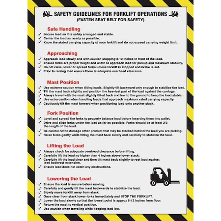 Poster, Safety Guidelines For Forklift Operations, 22 in H x, 17 in W, Plastic MPN:SP124492L
