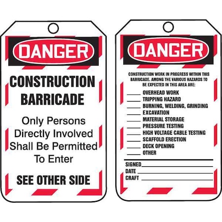 Danger Tag, Status Alert, Plastic, 5 3/4 in H x 3 1/4 in W, White, Rectangle, 25 PK MPN:TAB102PTP