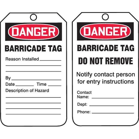 Danger Tag, Status Alert, Plastic, 5 3/4 in H x 3 1/4 in W, White, Rectangle, 25 PK MPN:TAB104PTP