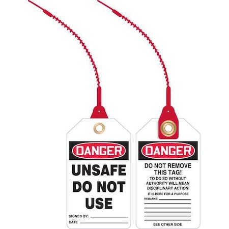 Loop n Lock Danger Tag, General Safety, Plastic, 5 7/8 in H x 3 3/8 in W, White, Rectangle, 10 PK MPN:TAK613