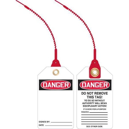 Loop n Lock Danger Tag, General Safety, Plastic, 5 7/8 in H x 3 3/8 in W, White, Rectangle, 10 PK MPN:TAK615