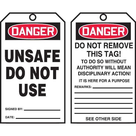 Danger Tag By The Roll, General Safety, Cardstock, 6 1/4 in H x 3 in W, White, Rectangle, 100 PK MPN:TAR120