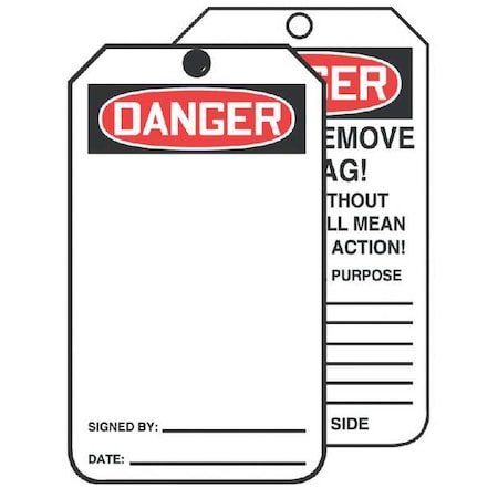 Danger Tag, General Safety, Cardstock, 6 1/4 in H x 3 in W, White, Rectangle, 250 PK MPN:TAR423