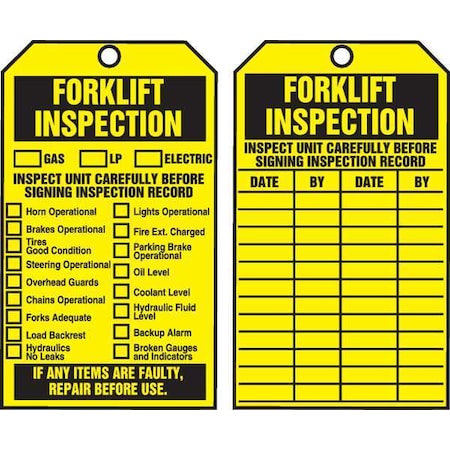 Tag, Forklift, Cardstock, 6 1/4 in H x 3 in W, Yellow, Rectangle, 100 PK MPN:TAR704