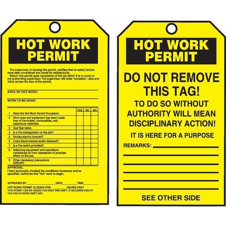 Permit Tag By The Roll, Status Alert, Cardstock, 6 1/4 in H x 3 in W, Yellow, Rectangle, 100 PK MPN:TAR706