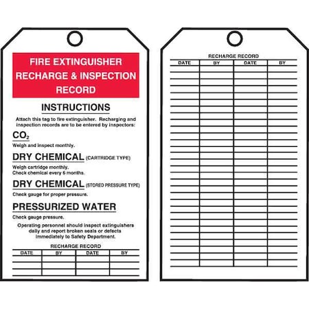 Tag, Fire Extinguisher, Cardstock, 6 1/4 in H x 3 in W, White, Rectangle, 100 PK MPN:TAR710