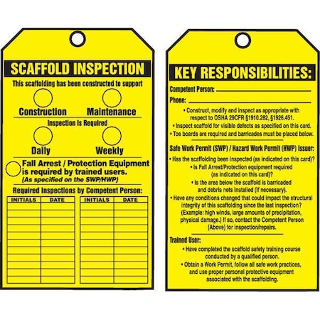 Tag, Scaffold, Cardstock, 6 1/4 in H x 3 in W, Yellow, Rectangle, 250 PK MPN:TAR736