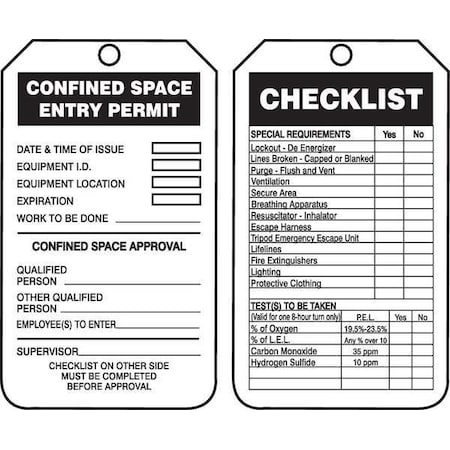 Permit Tag, Confined Space, Plastic, 5 3/4 in H x 3 1/4 in W, White, Rectangle, 25 PK MPN:TCS319PTP