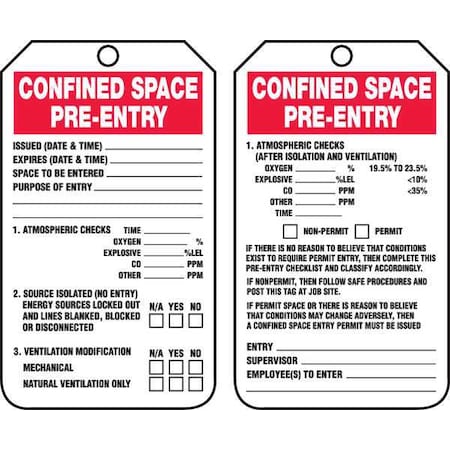 Permit Tag, Confined Space, Plastic, 5 3/4 in H x 3 1/4 in W, White, Rectangle, 25 PK MPN:TCS327PTP